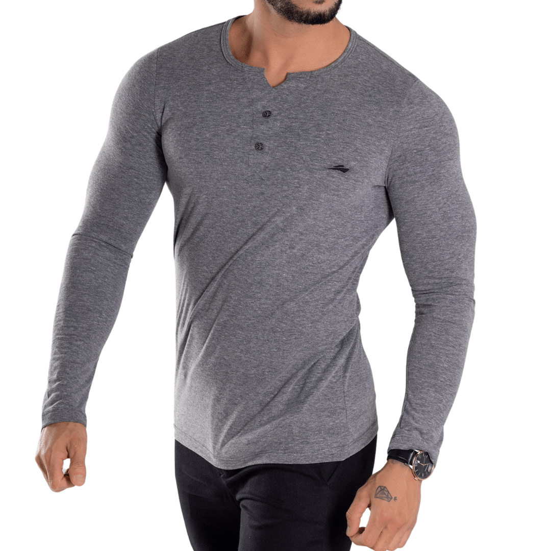 Camiseta Henley Masculina Cinza