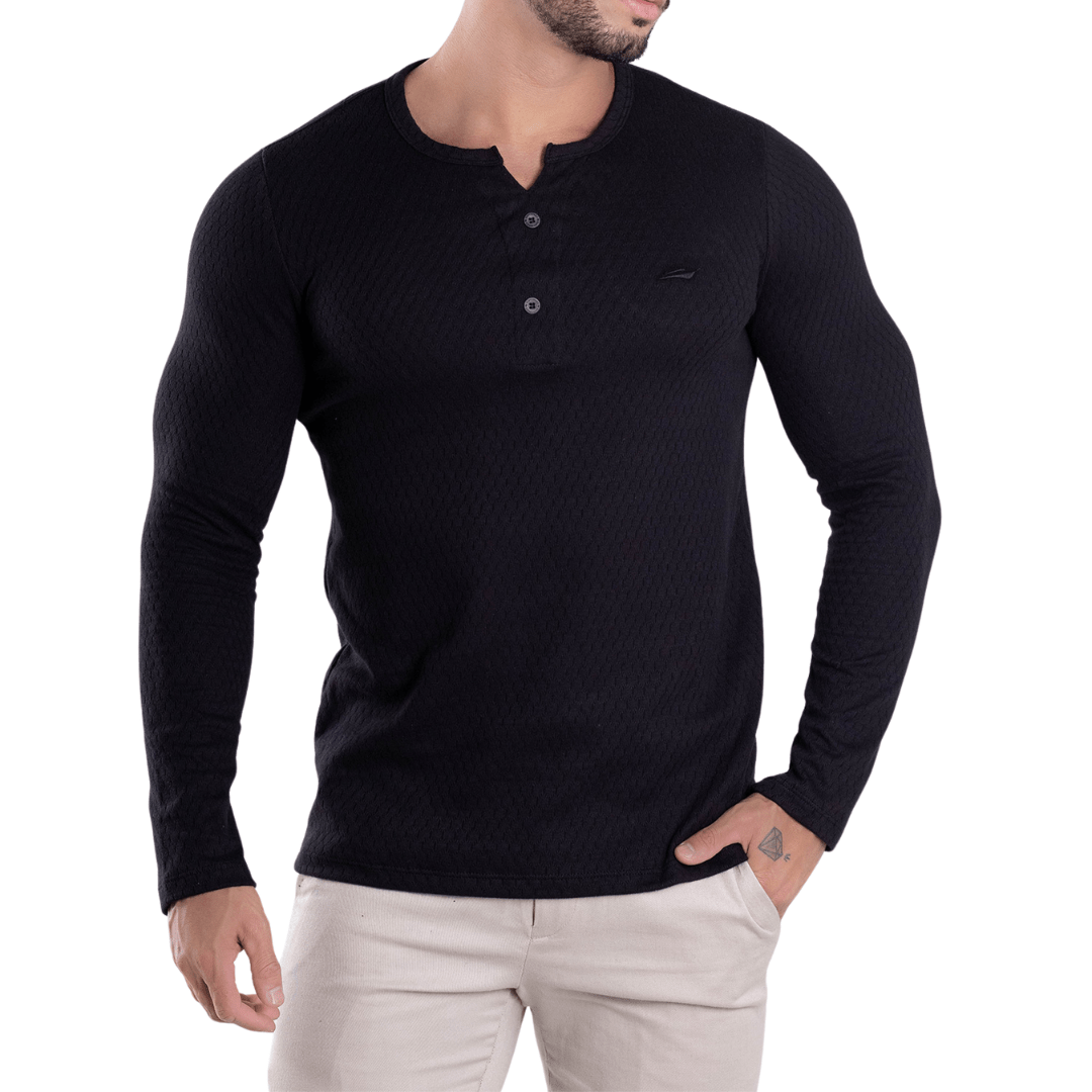 Camiseta Henley Masculina Preta